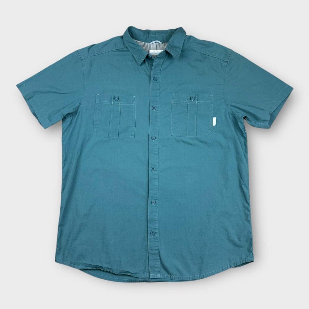 Columbia Men XL Teal Blue Short Sleeve Button Down Shirt AM1010 Mesh Vent Pocket